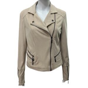 Jou Jou Sz M Moto Jacket Tan Beige Faux Vegan Suede Zip Pockets Biker Minimalist